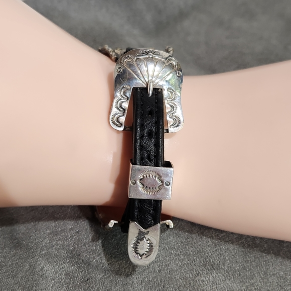 Vintage Sterling Silver "Rainbow S.W.-New Mexico" Buckle & Leather Cuff Bracelet - Picture 3 of 12